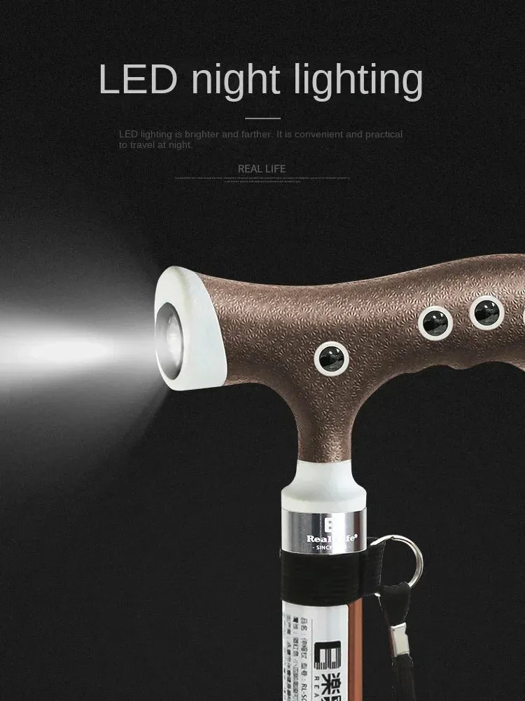 Portable Four-Legged Cane with Lamp, Retractable T-Handle, Durable Non-Slip Elderly Crutches for Stability and Mobility