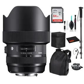 Sigma 14-24mm f/2.8 DG HSM Art Lens for Nikon F with Advance Bundle: Backpack   Sandisk 64gb SD  More