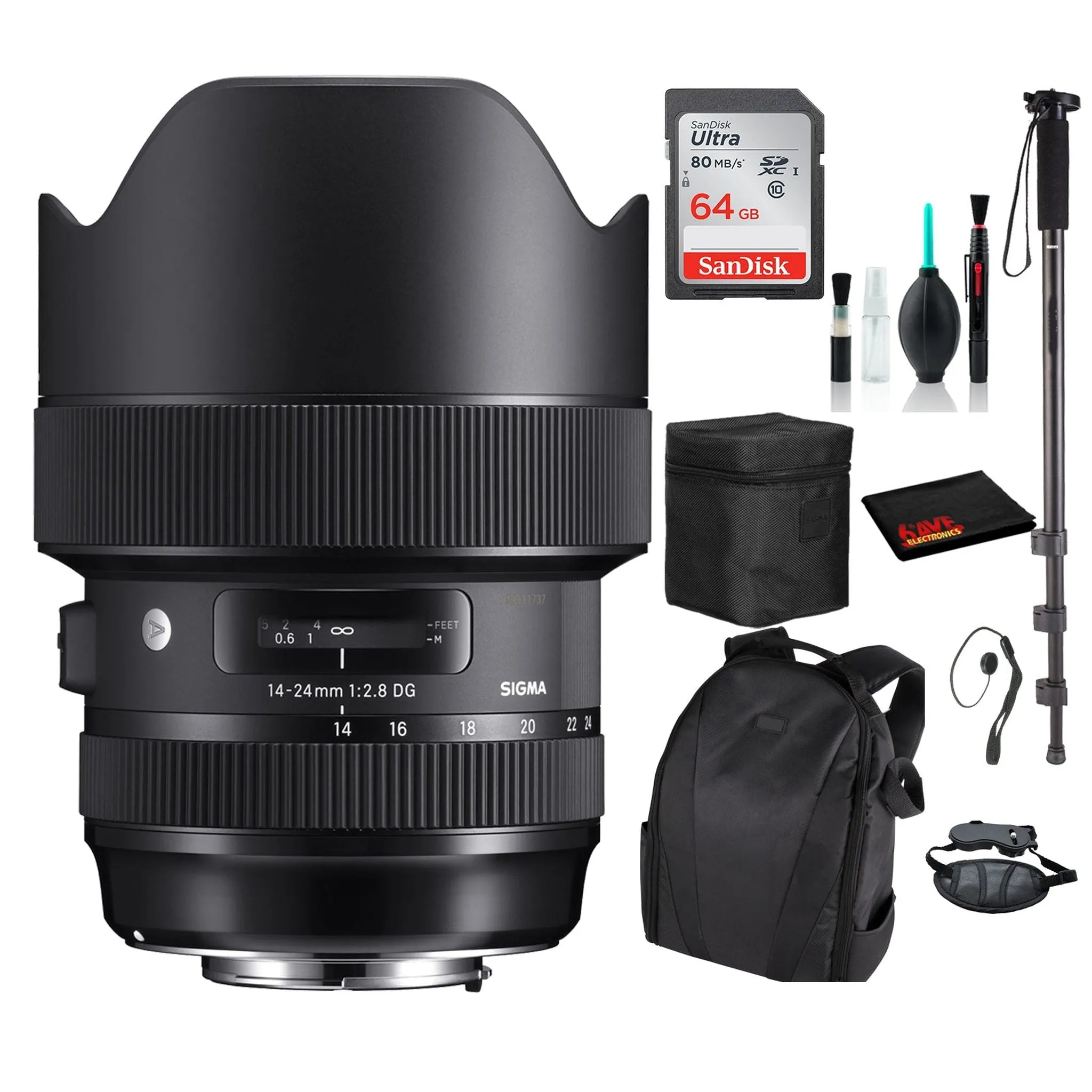 Sigma 14-24mm f/2.8 DG HSM Art Lens for Nikon F with Advance Bundle: Backpack   Sandisk 64gb SD  More
