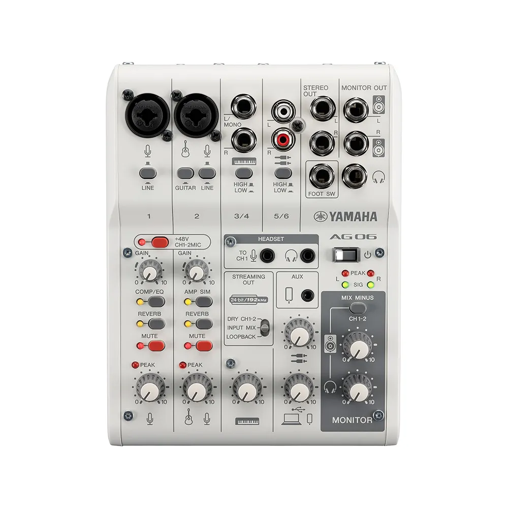 Yamaha AG06 Mk. II Multipurpose 6-Channel Audio Mixer Interface w/ Recording / Playback, 1 Touch DSP Control Effects via App Support, XLR 3 Pin, 6.35mm, 3.5mm TRS AUX and RCA Ports for Audio Production & Streaming (White, Black) | AG06 MK2